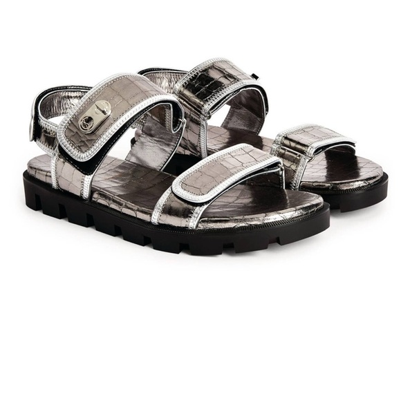 Christian Louboutin Shoes - Christian Louboutin Lock Cool Metallic
Gunmetal Croc-Embossed Sporty flat Sandal